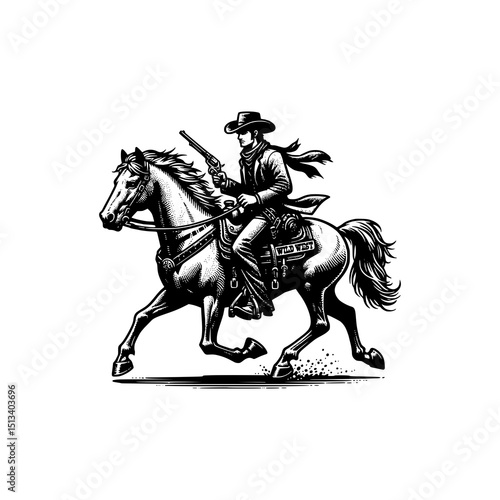 Wild West Cowboy Riding Horse Vector Vintage Western Rodeo Style Black and White Illustration with Hat, Scarf, and Guns