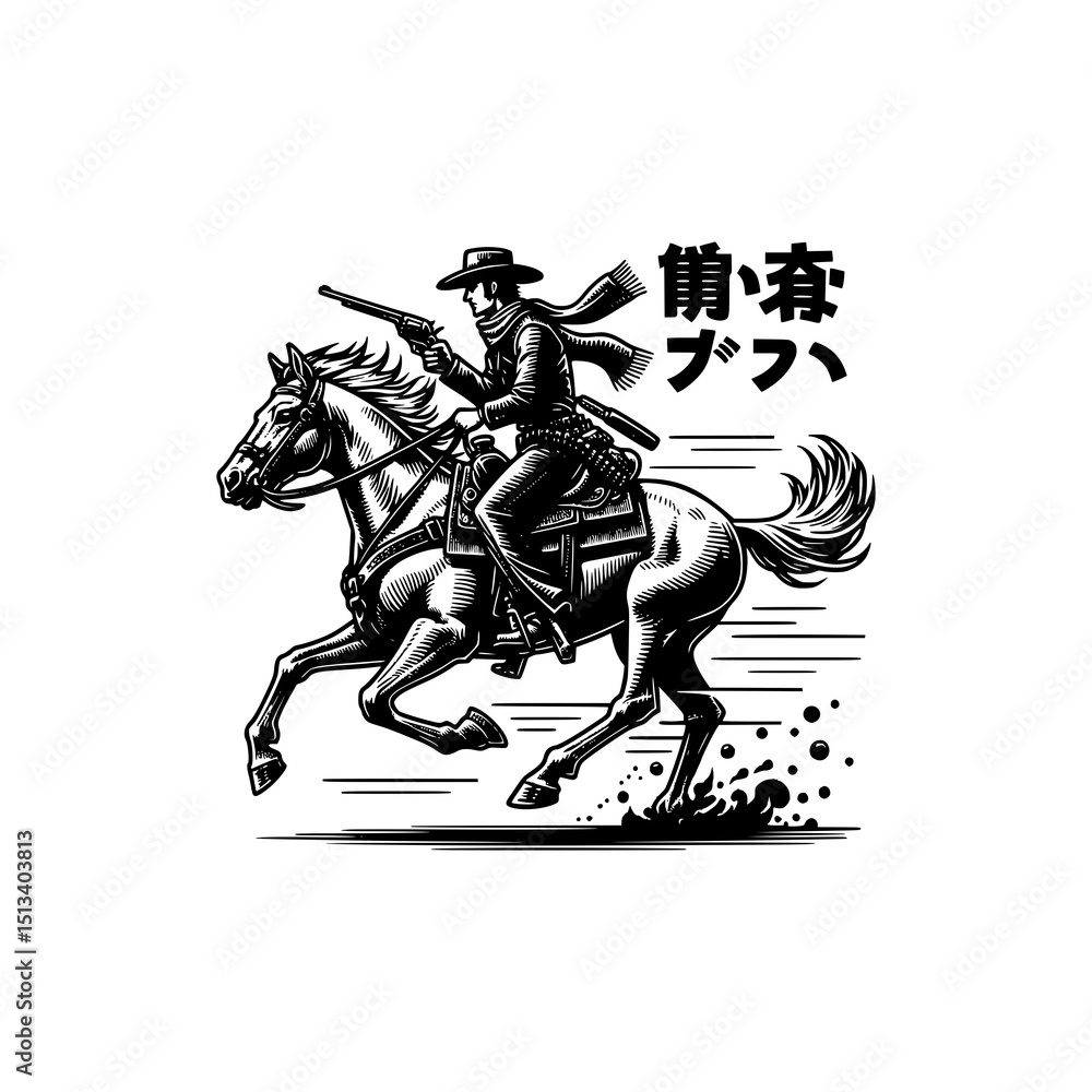 Obraz premium Wild West Cowboy Riding Horse Vector Vintage Western Rodeo Style Black and White Illustration with Hat, Scarf, and Guns