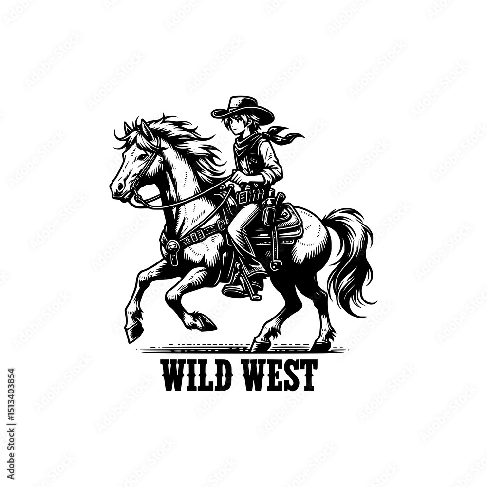 Naklejka premium Wild West Cowboy Riding Horse Vector Vintage Western Rodeo Style Black and White Illustration with Hat, Scarf, and Guns