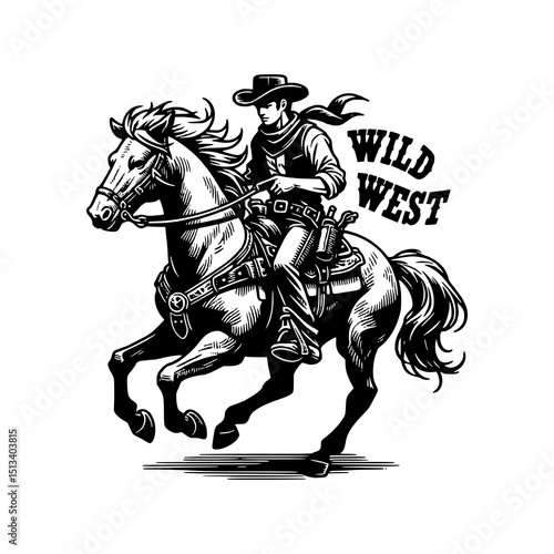 Wild West Cowboy Riding Horse Vector Vintage Western Rodeo Style Black and White Illustration with Hat, Scarf, and Guns