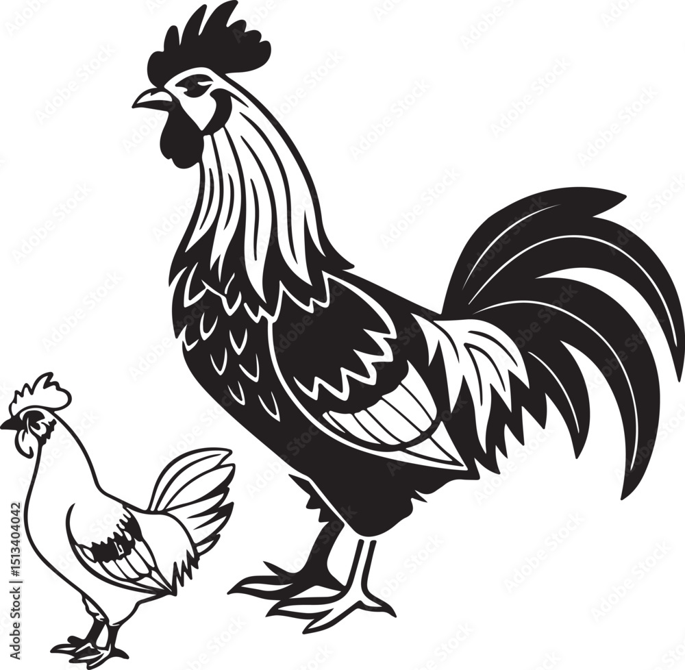Fototapeta premium Vector-style black and white drawing featuring a rooster and hen, highlighting their silhouettes in a minimalist design