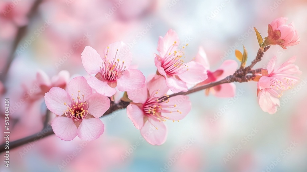 Naklejka premium Watercolor depiction of delicate pink blossoms on a branch.