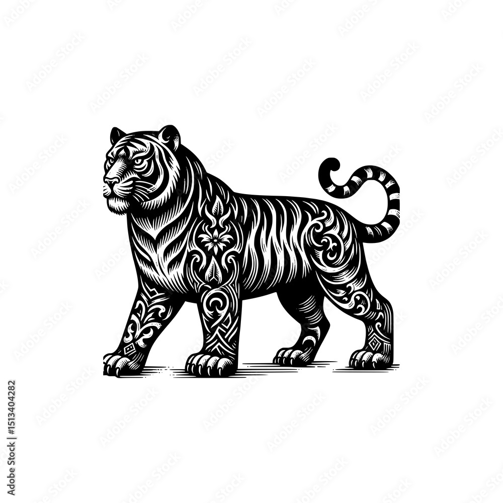 Fototapeta premium Tribal Tiger Vector Illustration Black and White Tattoo Style Animal Art with Ornamental Swirls and Bold Lines