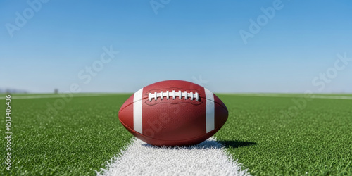Single football resting on white field line centered on green grass field under clear blue sky, evoking calm and focused sports atmosphere