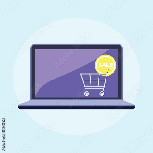 A laptop screen shows a shopping cart with a sale sign on it. Concept of shopping and the excitement of finding a good deal