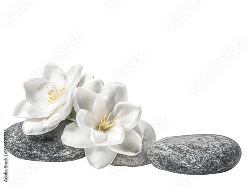 Elegant white blossoms on smooth stones against a stark black background