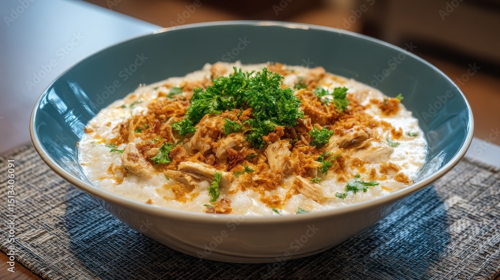 A savory bowl of grits with chicken and fried onions garnished with parsley ready to eat A savory bowl of grits with chicken and fried onions garnished with parsley ready to eat