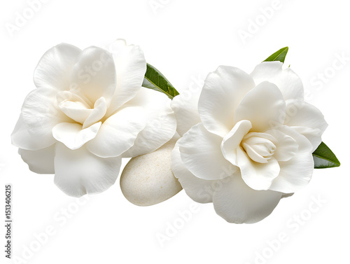 Two elegant white gardenia flowers adorned with leaves on a dark backdrop