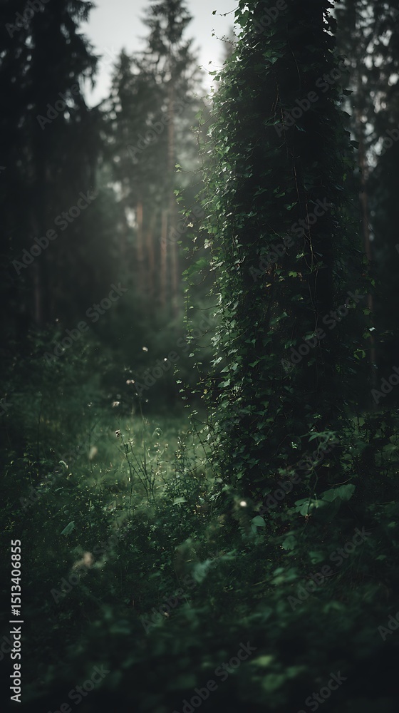 Obraz premium Enchanting Forest Scene Ivy Covered Tree Trunk in Misty Woods.