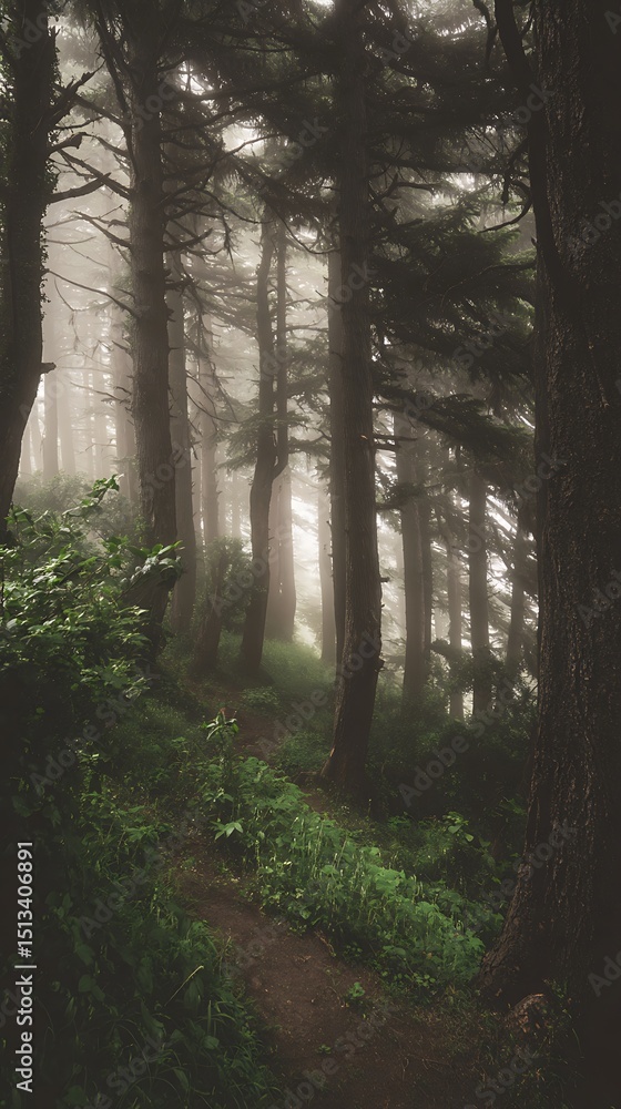 Fototapeta premium Misty Forest Path A Serene Woodland Trail on a Foggy Day.