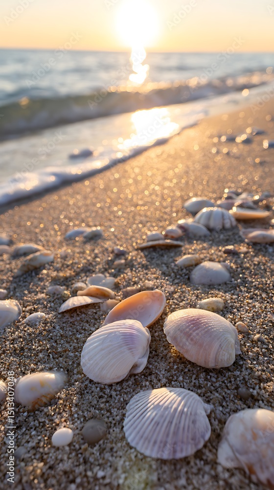 Seashells on the Beach at Sunset A Close Up of Coastal Beauty. Seashells on the Beach at Sunset A Close Up of Coastal Beauty.
