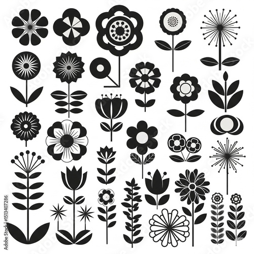 set of black and white flowers