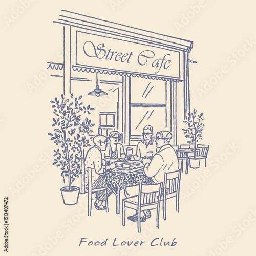 Vintage street cafe illustration with typography for t-shirt, poster graphic print, vintage coffee shop with table and chair sketch, Paris local food artwork. Retro vintage artwork for t-shirt