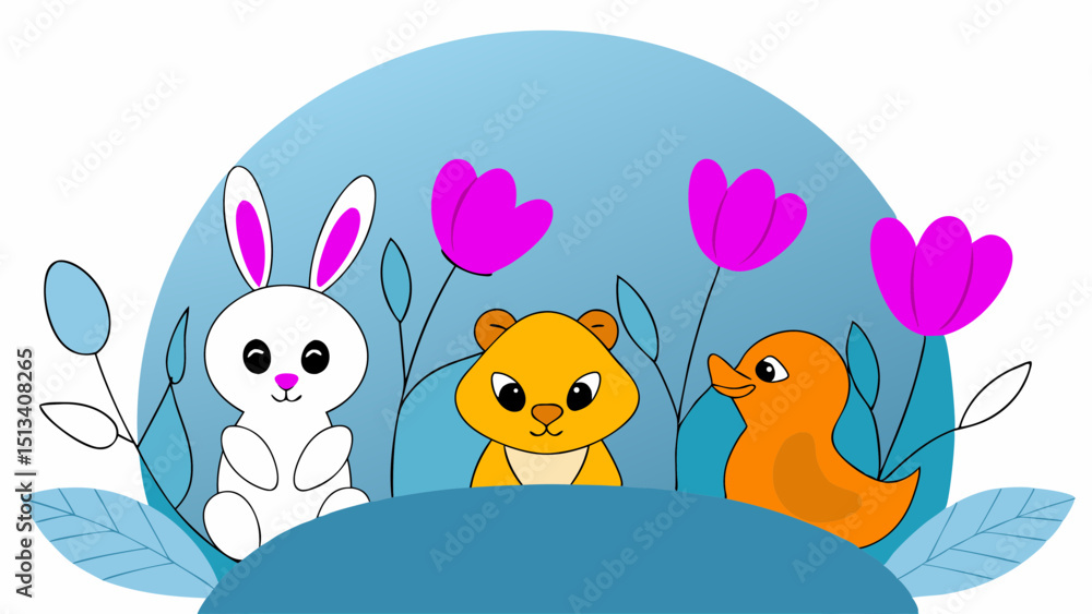 Adorable Spring Animals Bunny, Hamster, and Duckling in Blooming Tulips Adorable Spring Animals Bunny, Hamster, and Duckling in Blooming Tulips