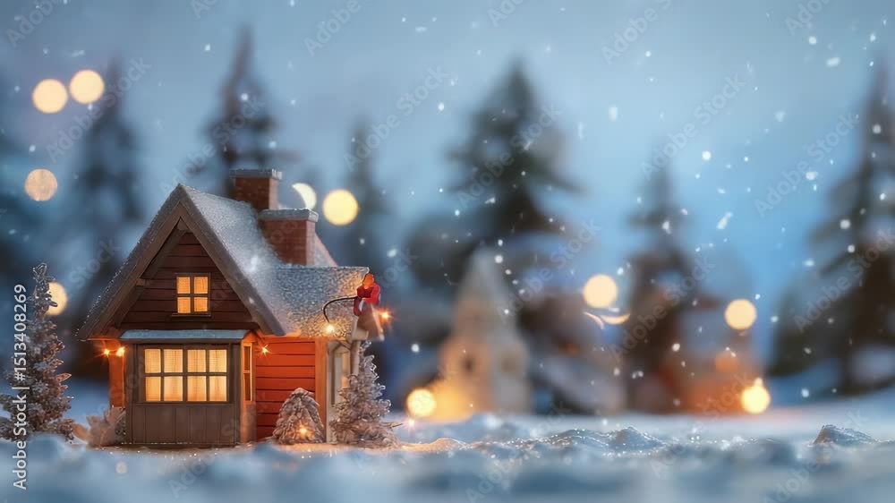 A quaint little house stands adorned with gentle lights in a snow-covered landscape. Gentle snow falls in the soft blue night. Bokeh orbs of light add to the peaceful, festive atmosphere. A quaint little house stands adorned with gentle lights in a snow-covered landscape. Gentle snow falls in the soft blue night. Bokeh orbs of light add to the peaceful, festive atmosphere.