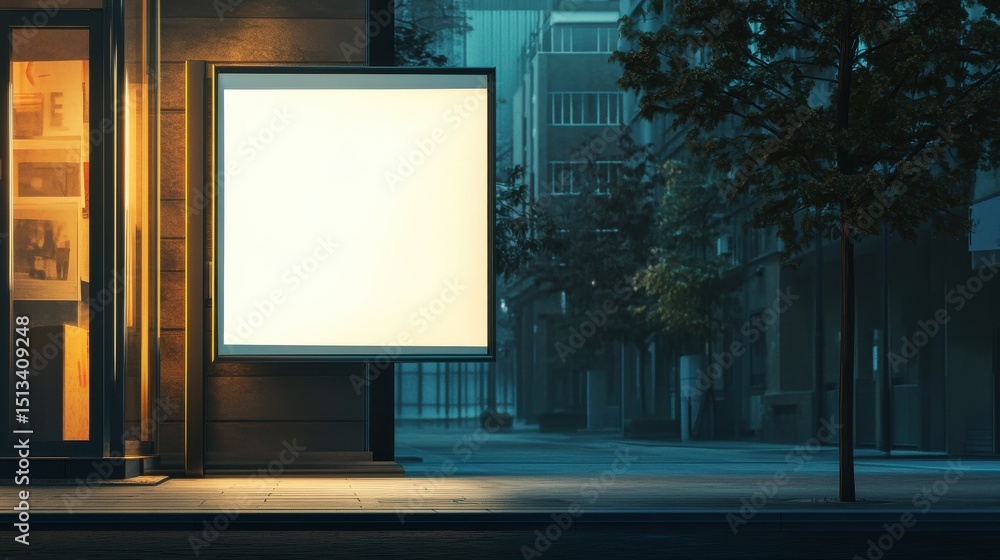 Fototapeta premium Blank billboard in showcase on evening street, mock up illustration , no logos, no brands