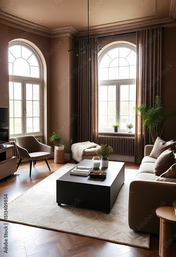Fototapeta premium Modern interior design with Pantone 2025 Colour of the Year Mocha Mousse. Brown walls, accent colors of furniture and a well seasoned room.