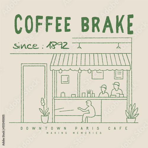 vintage street cafe illustration with typography, t-shirt design for girls, ladies, and women, vintage coffee shop with table chair sketch, old American street cafe artwork for t shirt