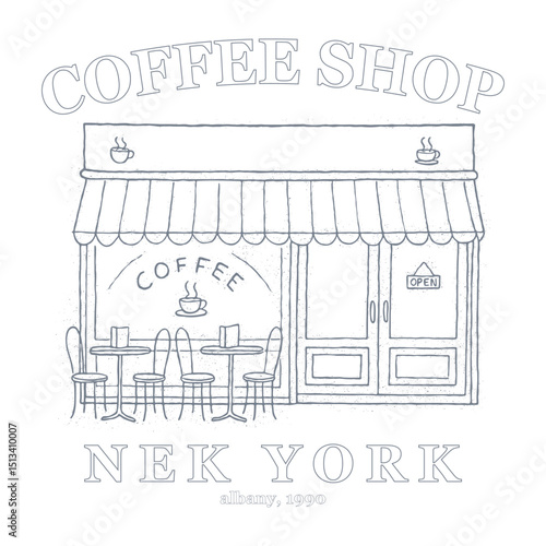 vintage street cafe illustration with typography, t-shirt design for girls, ladies, and women, vintage coffee shop with table chair sketch, old American street cafe artwork for t shirt