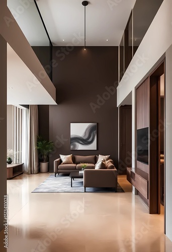 Living room interior in Mocha mousse tones, minimalist design hallway, home concept, sofa, modern house	
