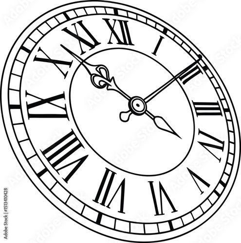 Black vector clock icon, isolated on white, with a minute hand, hour markers, and a round dial, symbolizing time