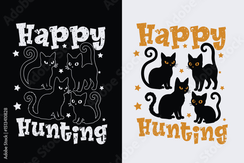 Happy Hunting Black Cat Halloween Silhouette Clipart