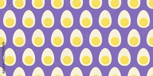 Half a boiled egg on blue seamless pattern. 