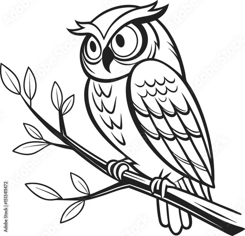 Cartoon vector illustration of an owl sitting on a tree branch