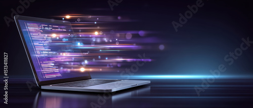 Digital laptop code api integration concept with glowing lines and data flow on dark background