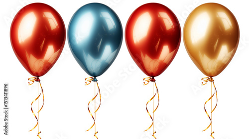 Red-gold-blue metallic balloons, birthday party decor, festive holiday celebration background, isolated on transparent background.