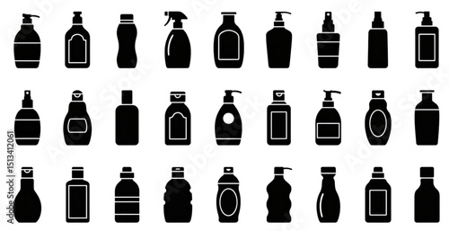 A collection of simple black silhouette bottle shapes with various caps and dispensers. This image is suitable for illustrating cosmetic products, cleaning supplies, and personal care items.