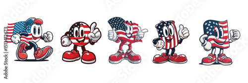 America stars and stripes cartoon mascot character with expressive faces and gestures