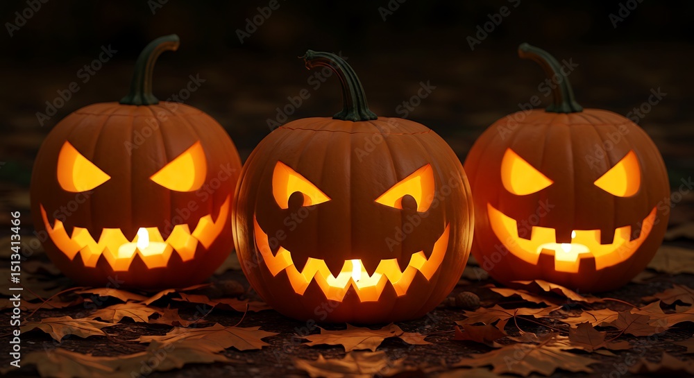 Spooky Halloween Jack-o'-lanterns Glowing Faces in the Dark Night Spooky Halloween Jack-o'-lanterns Glowing Faces in the Dark Night