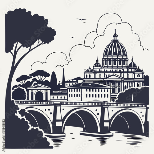 Monochrome Rome Cityscape with St. Peter's Basilica