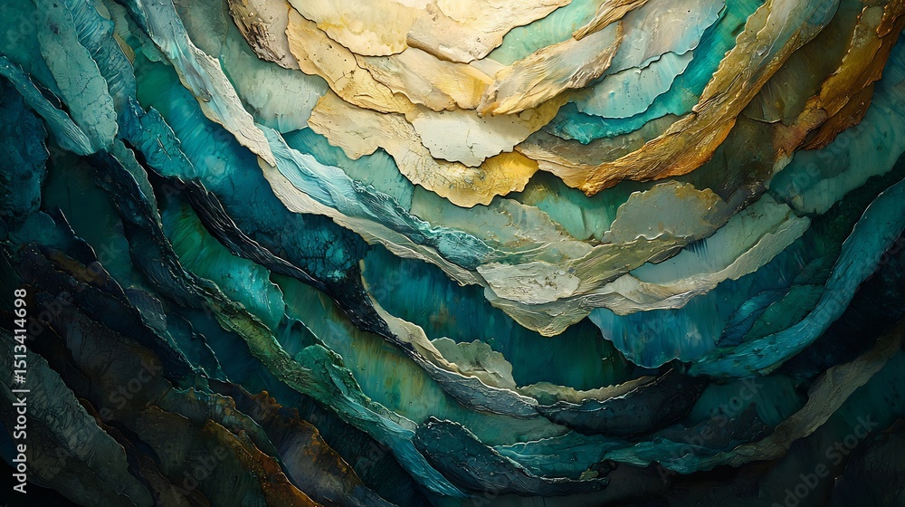 Fototapeta premium Abstract textural art featuring layered teal, gold, and beige organic formations