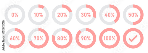 Infographic circle with percentage. Set of circle loading and circle progress collection. 0 10 20 30 40 50 60 70 80 90 100 percent in pink color. Vector icon