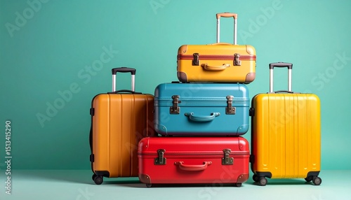 A pop art style scene: several colorful suitcases (red, blue, yellow) stacked on the left against a vibrant solid green background. The suitcases vary in size, some standing upright, others lying flat