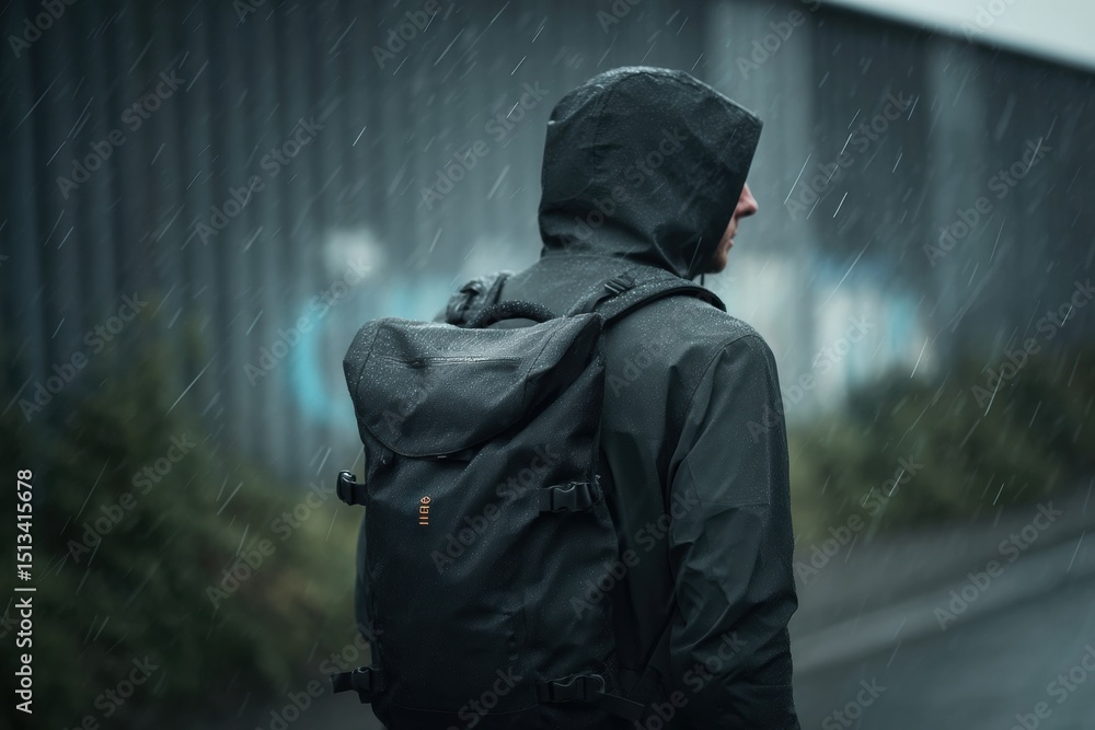 Courier Braving the Rainfall With Weatherproof Backpack During a Quiet Street Walk in an Urban Area Courier Braving the Rainfall With Weatherproof Backpack During a Quiet Street Walk in an Urban Area