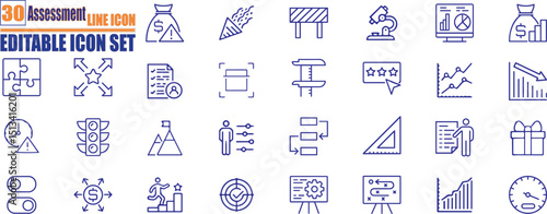 Assessment line icon design set . Audit, analysis, plan, evaluation, quality process, result and goal. Editable stroke, vector illustration, color