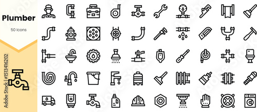 A collection of line icons representing plumbing tools, water fixtures, and maintenance equipment, perfect for plumbing services and home repair projects.