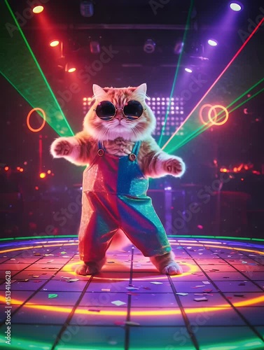 A cat in colorful overalls dancing on a vibrant dance floor with laser lights