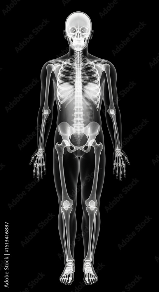 Human Skeleton X-ray Depicting Full Body Anatomy Against Black Background Human Skeleton X-ray Depicting Full Body Anatomy Against Black Background