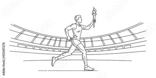 Runner carrying Olympic torch in stadium during relay event  