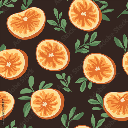 Summer print with oranges. Vector pattern with cut oranges and orange tree branches. Juicy fruits. Vector citrus on a dark brown background. For children, wallpaper, textiles.