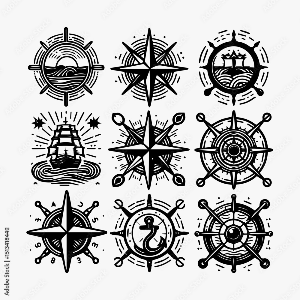 Fototapeta premium Collection of nautical compass and wheel icons for maritime navigation and sea adventure themes. Nautical concept