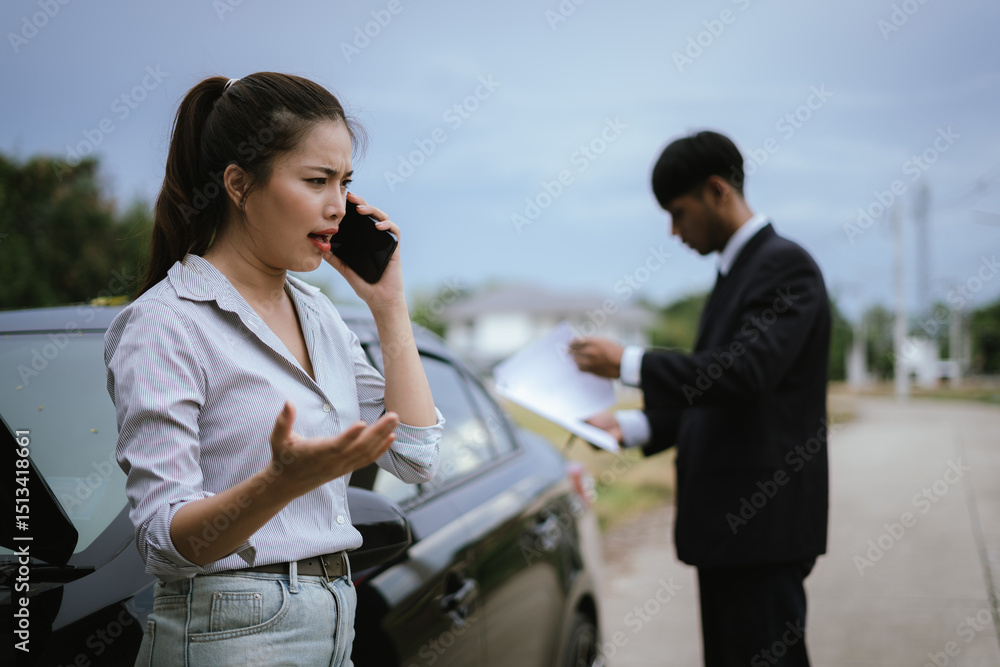 Fototapeta premium Asian woman talking on the phone asking for help in claiming insurance in case of an accident
