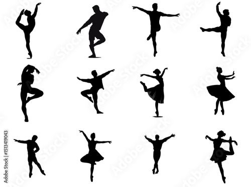 Dance silhouettes of male and female dancers in various poses  