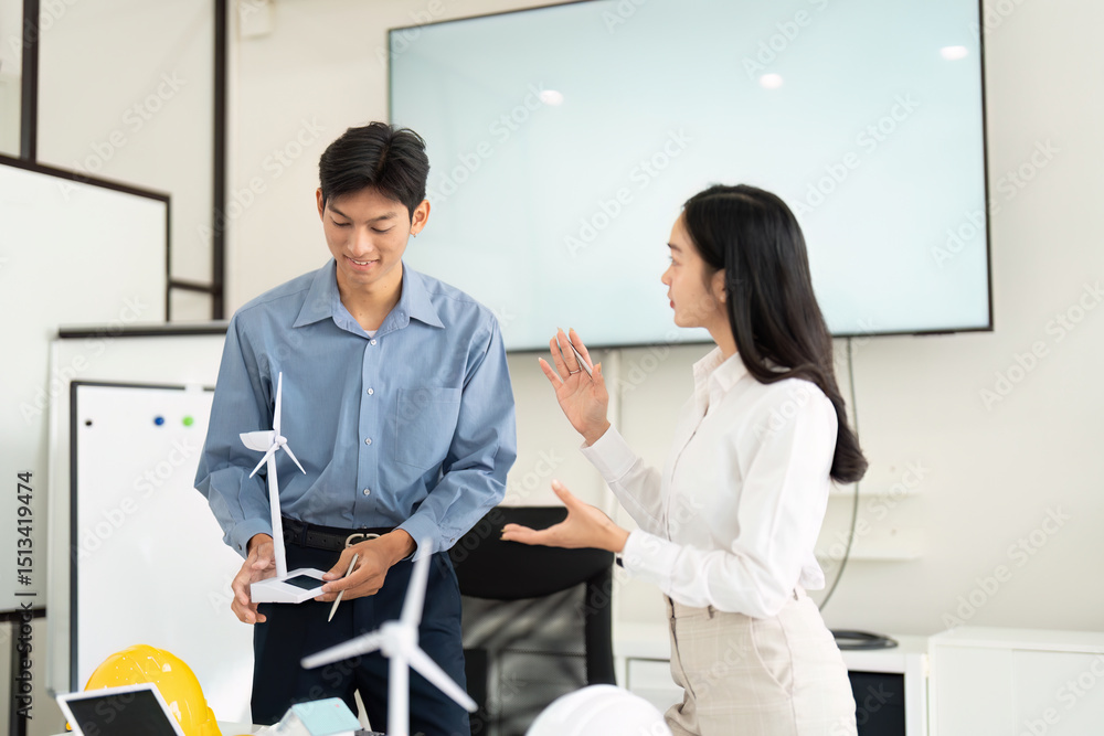 Fototapeta premium Sustainable Engineering and Innovation. Engineers discussing renewable energy solutions with wind turbine models in a modern workspace.