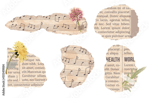 Ripped vintage newspaper and music paper piece in beige color with flowers in realistic style
