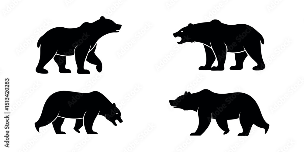 Fototapeta premium Black silhouette vector illustration of bear vector silhouette design set, symbol of pet love.